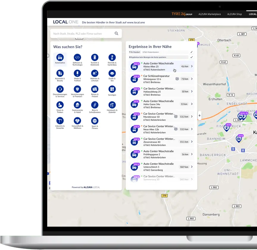 Een laptop toont de zoekbalk, een lijst met branchefilters en een resultatenlijst met gefilterde detailhandelaren. Op de achtergrond is een kaart te zien met markeringen die de locaties van deze winkeliers aangeven.